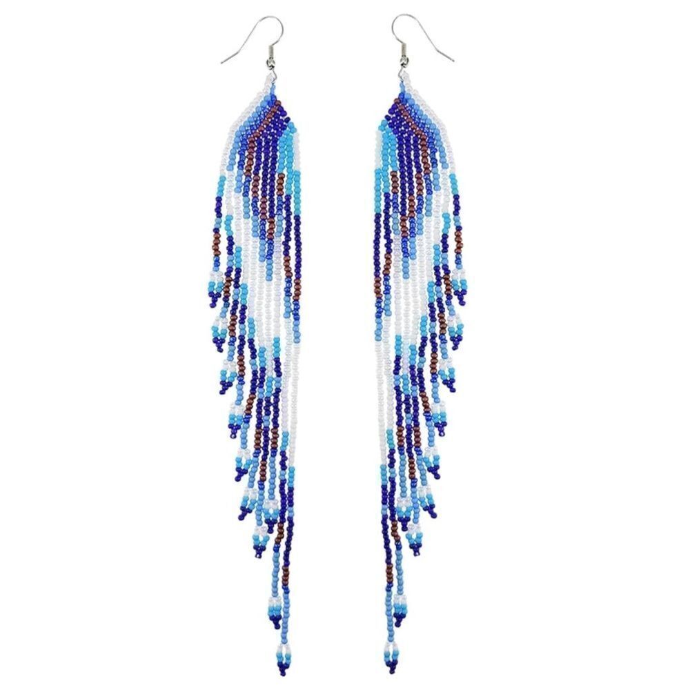 Southwestern Boho Seed Bead Tassel Dangling Statement French Wire Hook Earrings